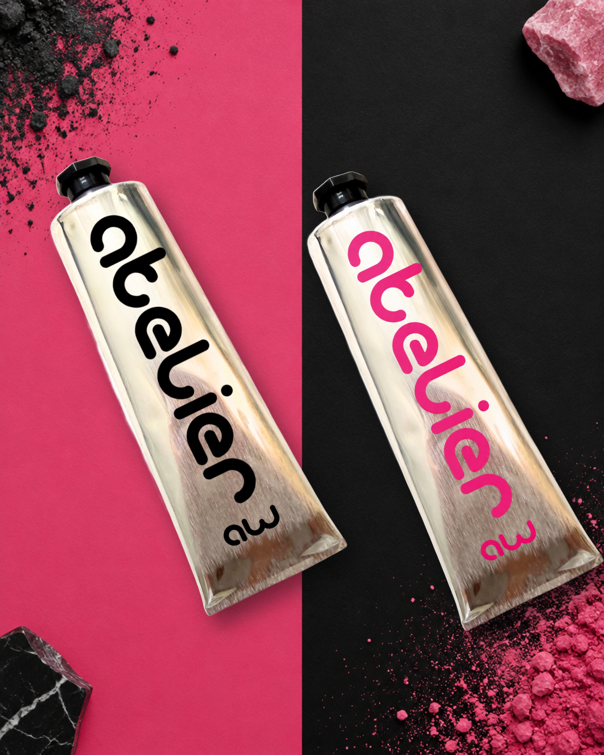 Gel Atelier : tube Rose Rubis et tube Noir Onyx sur fond rose et noir avec pigments