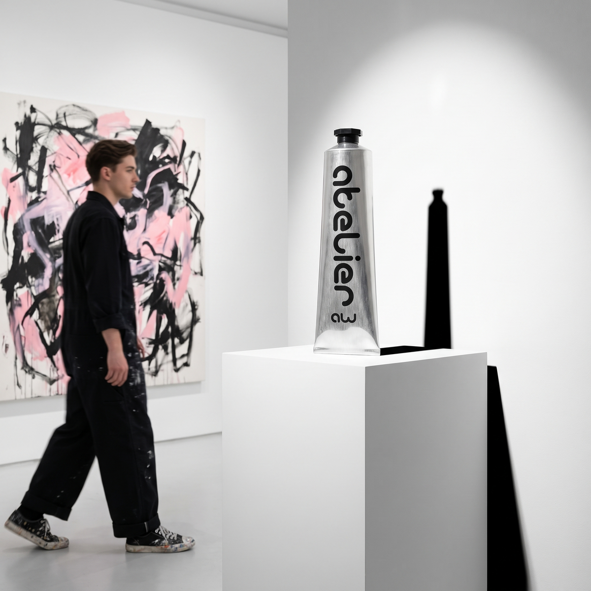 Tube Gel Atelier Noir Onyx sur un socle de galerie, peintre en arrière-plan